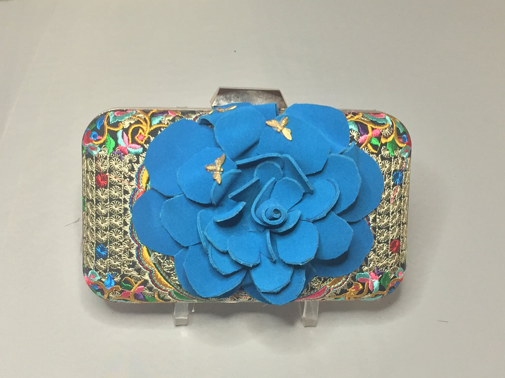 Vintage Embroidered Multi-Colored Clutch With Hand-Made Blue-Teal Suede Flower And Tassel Chased By Tiny Golden Bumblebees. Dimensions - Height 5.5"; Length 7.5"; Depth 2"; Chain 26"