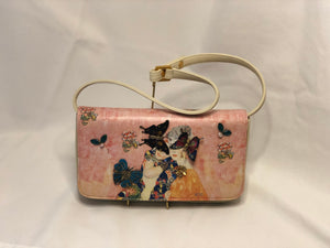 Vintage Cream And Light Pink All Leather Clutch/ Shoulder Purse. Two Victorian Women On Front Adorned With Multi-Colored Vintage Enameled Butterflies. Dimensions - Height 5.25"; Width 9"; Depth 1.75"; Strap 10"
