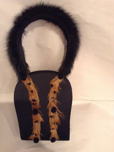 Vintage Julie Feldman purse.  Real mink handles, bird feathers and tiny pom-poms are charming additions to this classic black satin bag.  Its unique shape and style works as well for day as for evening.  Dimensions - Height 6-1/2"; Width 5-1/2"; Depth 2"; Handle: 5-1/2"