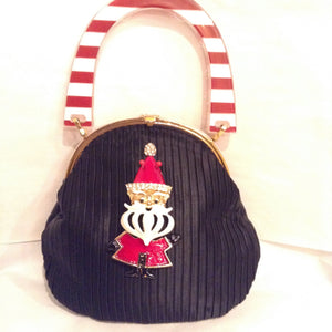 Koret Vintage Black Pleated Satin X-MAS Purse, Moving Vintage Enamel Santa, Lucite Candy Cane Handle
