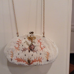 1940's White Beaded Purse With Light Pink/ Yellow Designs And Detachable Necklace/ Lavalier