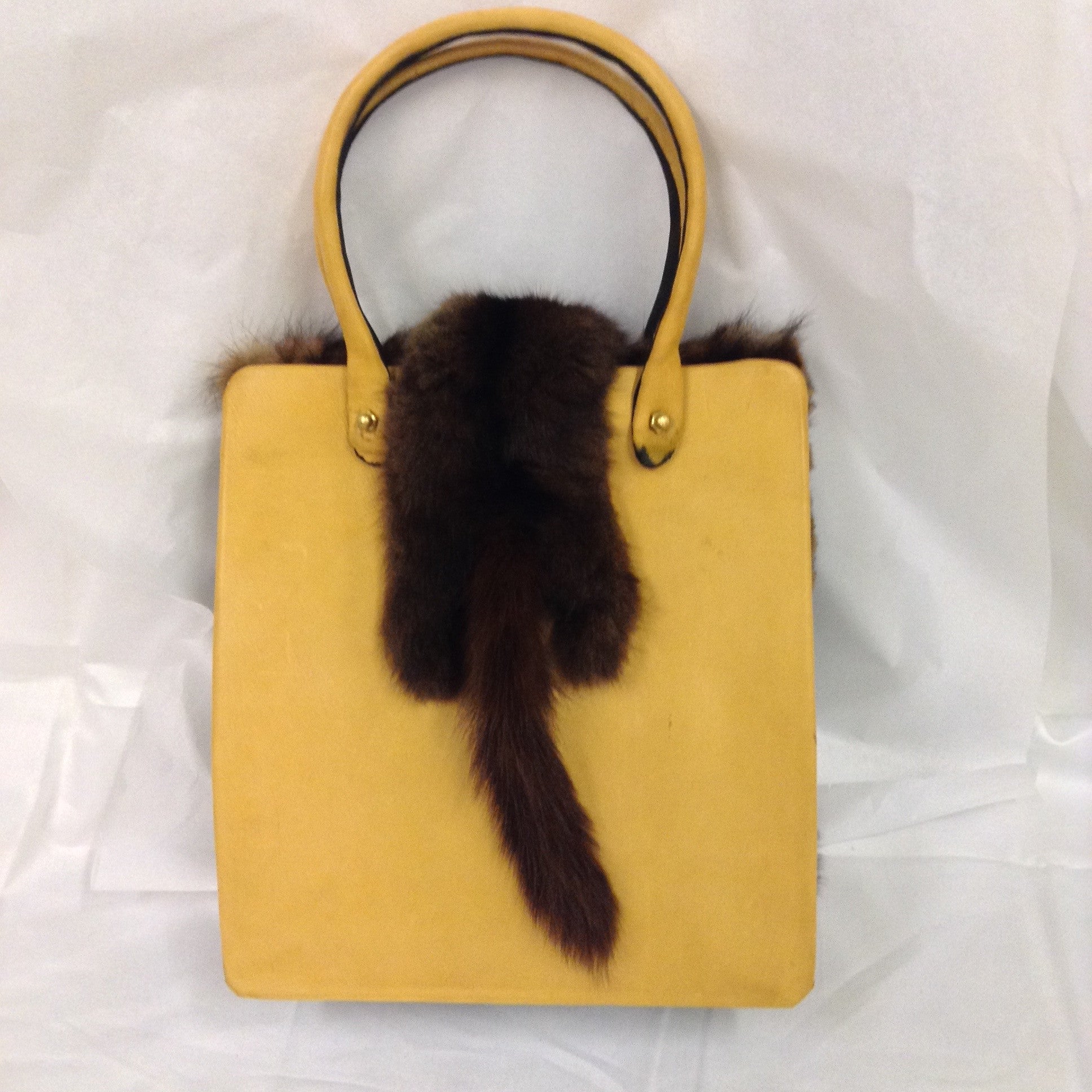 Vintage Bright Yellow Furla Purse Adorned With Real Brown Mink And Mink Head Closure