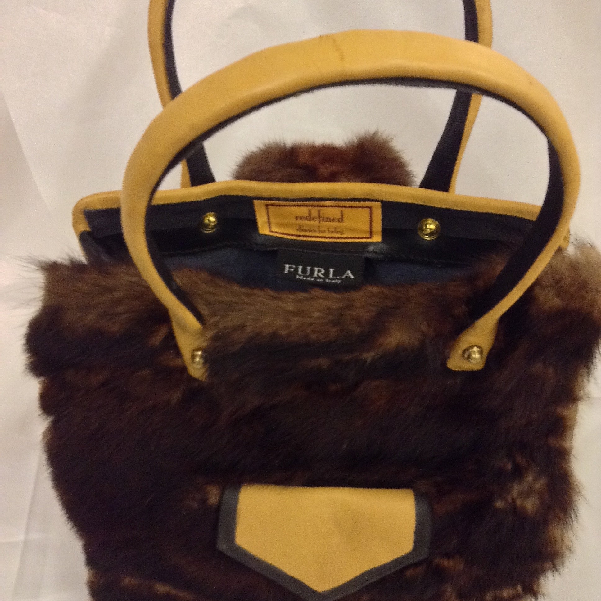 Vintage Bright Yellow Furla Purse Adorned With Real Brown Mink And Mink Head Closure