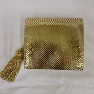 Golden mesh clutch, classic vintage Whiting and Davis with fabulous beaded tassel. Dimensions - Height 5"; Width 5 1/2"; Length 5 1/2"; Depth 1 3/4"