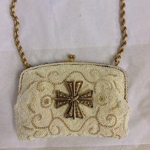 Vintage hand-beaded purse, hallmarked Czecho-Slovakia 1937. Winter white and taupe micro-beading adorned with a fantastic Maltese cross.