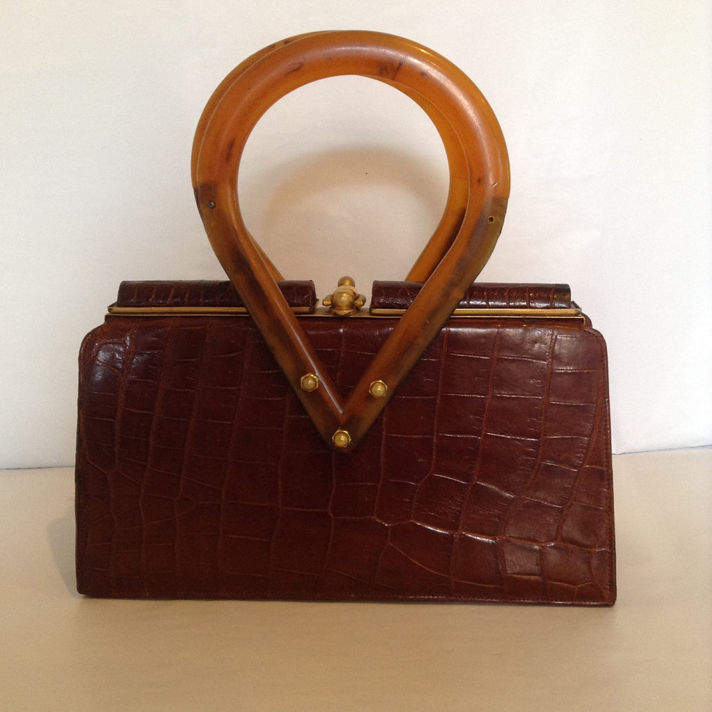 Vintage Caramel Brown Crocodile Purse With Unusual Shaped Light Brown Lucite Handles And Vintage Golden Brass Hardware