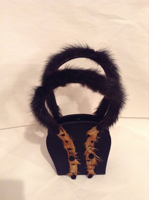 Vintage Julie Feldman purse.  Real mink handles, bird feathers and tiny pom-poms are charming additions to this classic black satin bag.  Its unique shape and style works as well for day as for evening.  Dimensions - Height 6-1/2"; Width 5-1/2"; Depth 2"; Handle: 5-1/2"