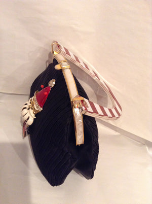 Koret Vintage Black Pleated Satin X-MAS Purse, Moving Vintage Enamel Santa, Lucite Candy Cane Handle