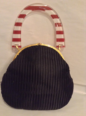 Koret Vintage Black Pleated Satin X-MAS Purse, Moving Vintage Enamel Santa, Lucite Candy Cane Handle