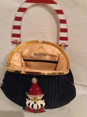 Koret Vintage Black Pleated Satin X-MAS Purse, Moving Vintage Enamel Santa, Lucite Candy Cane Handle