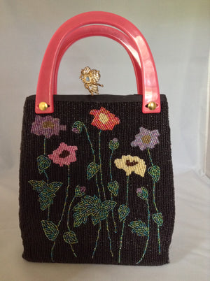 Black Beaded Vintage Purse With Multi-Colored Flowers, Golden Bee, Pink Lucite Handles