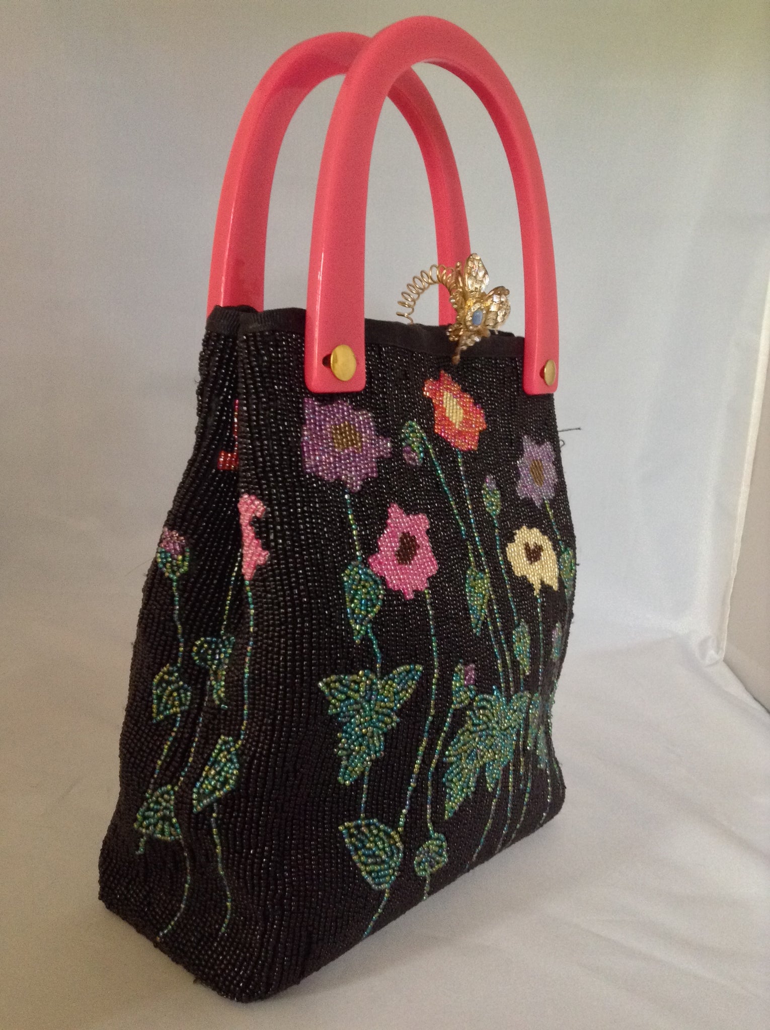 Black Beaded Vintage Purse With Multi-Colored Flowers, Golden Bee, Pink Lucite Handles