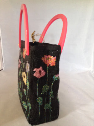 Black Beaded Vintage Purse With Multi-Colored Flowers, Golden Bee, Pink Lucite Handles