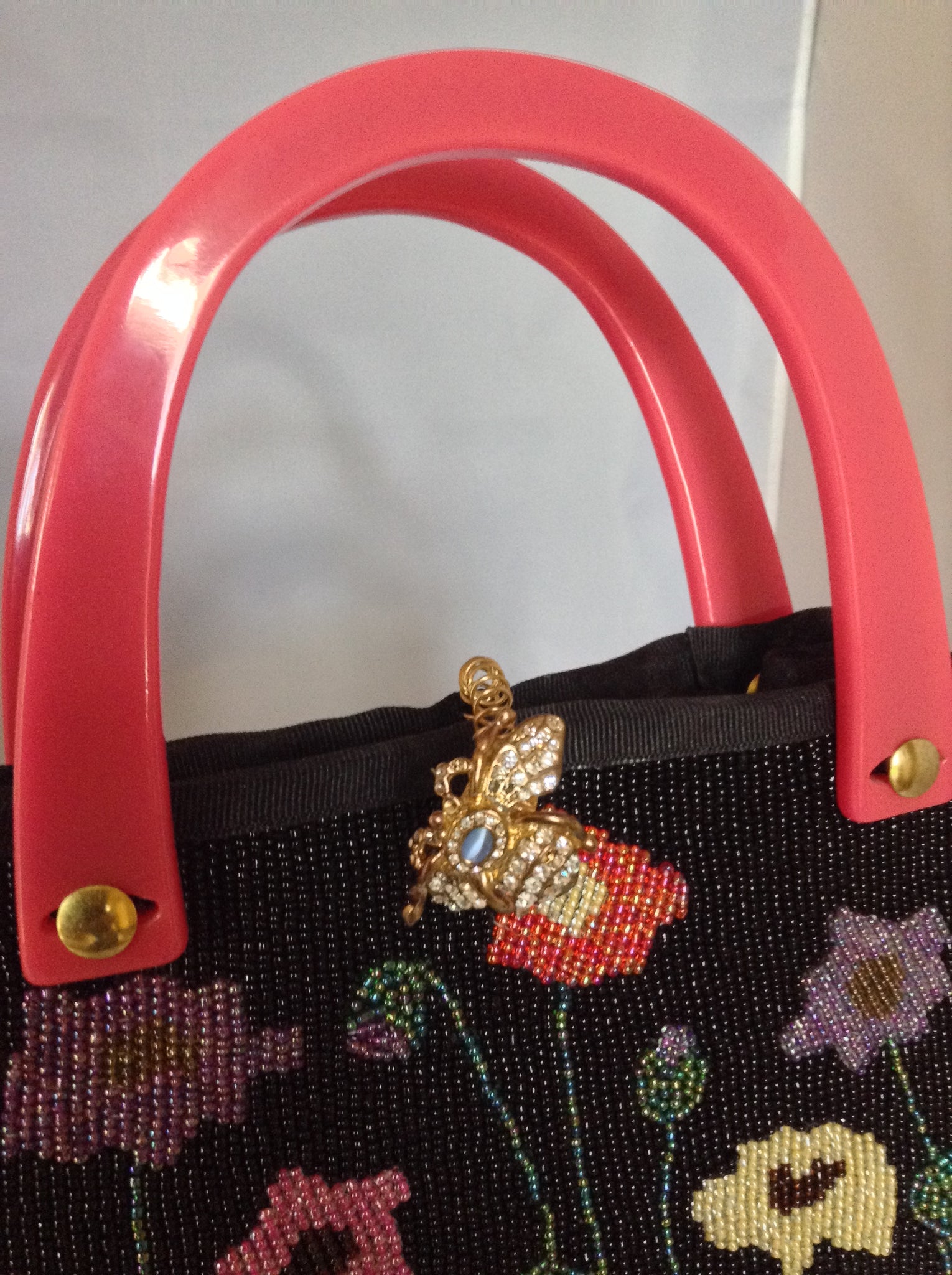 Black Beaded Vintage Purse With Multi-Colored Flowers, Golden Bee, Pink Lucite Handles