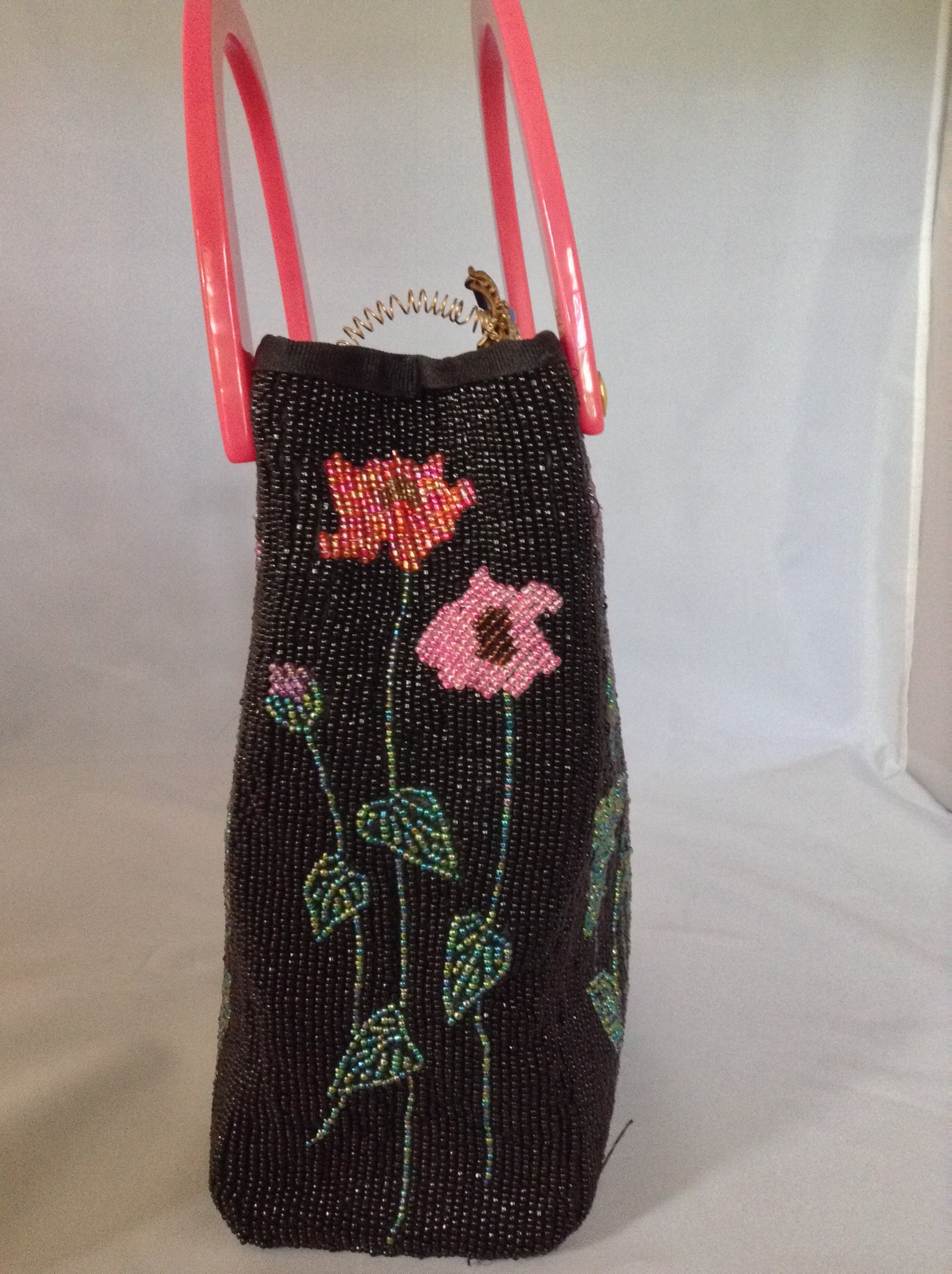 Black Beaded Vintage Purse With Multi-Colored Flowers, Golden Bee, Pink Lucite Handles