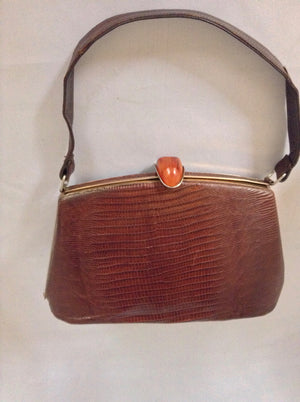 Vintage Chocolate Brown Lizard Purse With Amber Lucite Clasp