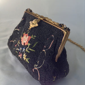 1930's French Black Hand-Beaded Evening Purse With Multi-Colored Hand-Embroidered Flowers