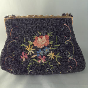 1930's French Black Hand-Beaded Evening Purse With Multi-Colored Hand-Embroidered Flowers