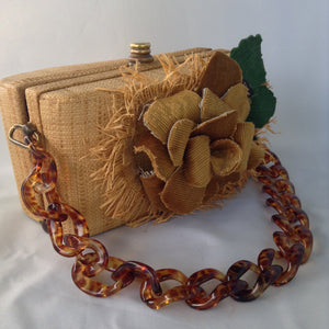 Vintage Straw & Raffia Box Bag with tortoise link handle, handmade flower and pristine silk lining? Ours is a 1950's original. His is from the Oscar de la Renta's Spring collection. His is $2000. Ours is a little less.  Dimensions - Height 4.5"; Length 8.25"; Depth 4.25"