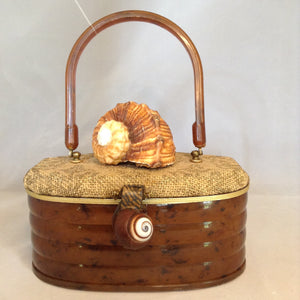 Vintage Brown Tortoise Lucite Oval Purse With Tan Burlap On Top Adorned With A Large Brown And White Spiraled Shell. Smaller Spiraled Shell On Clasp And Brown Tortoise Lucite Handle