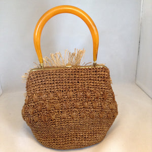 Vintage Brown Raffia Purse Signed MM With Original Amber Lucite Handle And Vintage Marquasite Blue Butterfly On Handmade Tan Burlap Rose. Dimensions - Height 7"; Length 9.5"; Depth 5.5"; Handle 5"
