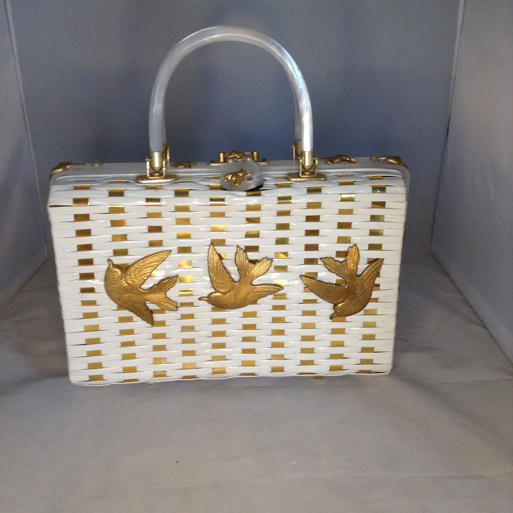 Vintage White Shiny British Hong Kong Straw Purse With Golden Metal Weaving, Golden Birds and Bees. White Pearl Lucite Handles. Dimensions - Height 8.5"; Width 11.5"; Depth 3.5"; Handles 4"