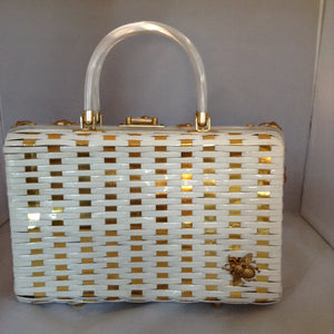 Vintage White Shiny British Hong Kong Straw Purse With Golden Metal Weaving, Golden Birds and Bees. White Pearl Lucite Handles. Dimensions - Height 8.5"; Width 11.5"; Depth 3.5"; Handles 4"