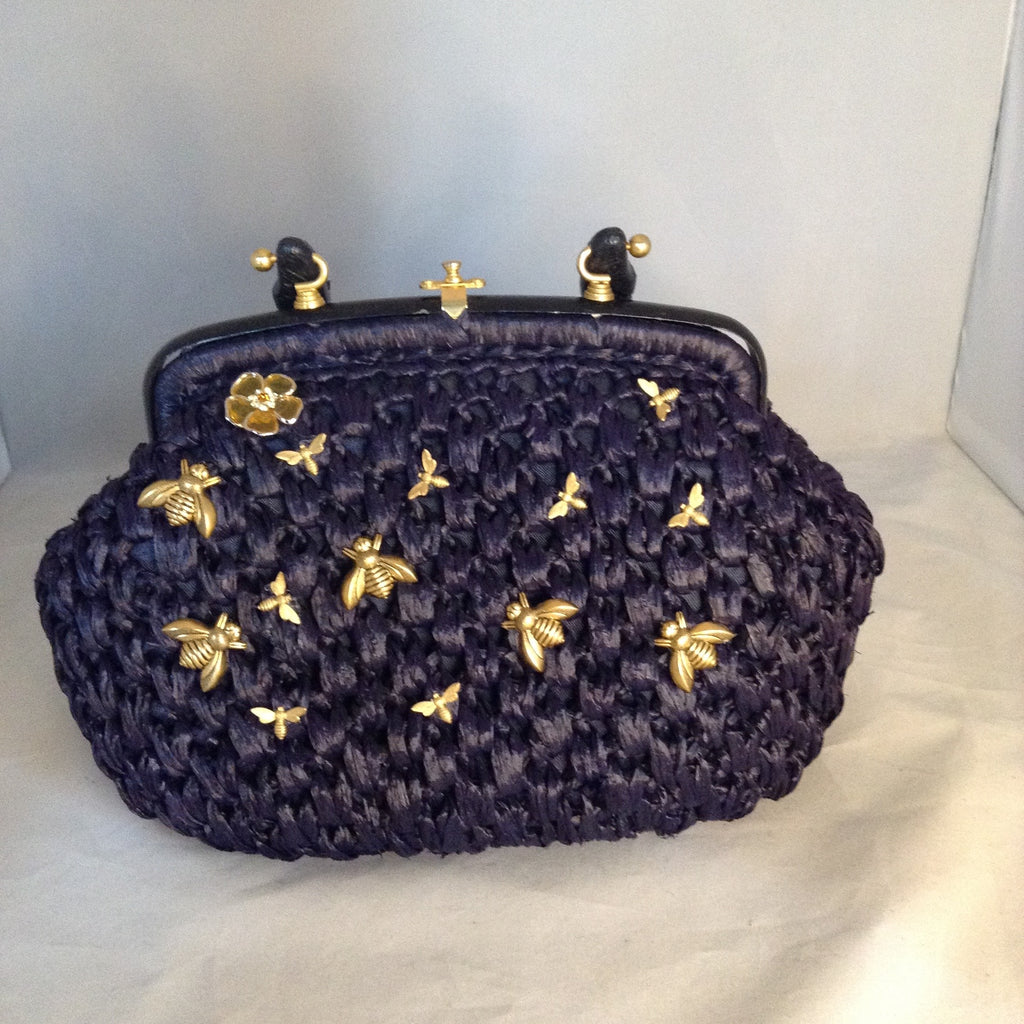 Vintage Navy Straw Purse With Golden Birds, Bees And Flowers And Original Golden Brass Hardware. Dimensions - Height 7.5"; Length 11.5"; Depth 5"; Handle 3.75"