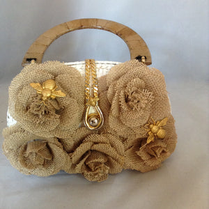 Vintage Shiny White Straw Purse With Tan Lucite Handle, Tan Hand-Made Burlap Roses And Golden Bumblebees. Dimensions - Height 6.25"; Length 9"; Depth 2.75"; Handle 4.5"