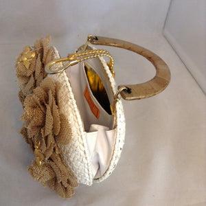 Vintage Shiny White Straw Purse With Tan Lucite Handle, Tan Hand-Made Burlap Roses And Golden Bumblebees. Dimensions - Height 6.25"; Length 9"; Depth 2.75"; Handle 4.5"