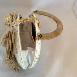 Vintage Shiny White Straw Purse With Tan Lucite Handle, Tan Hand-Made Burlap Roses And Golden Bumblebees. Dimensions - Height 6.25"; Length 9"; Depth 2.75"; Handle 4.5"