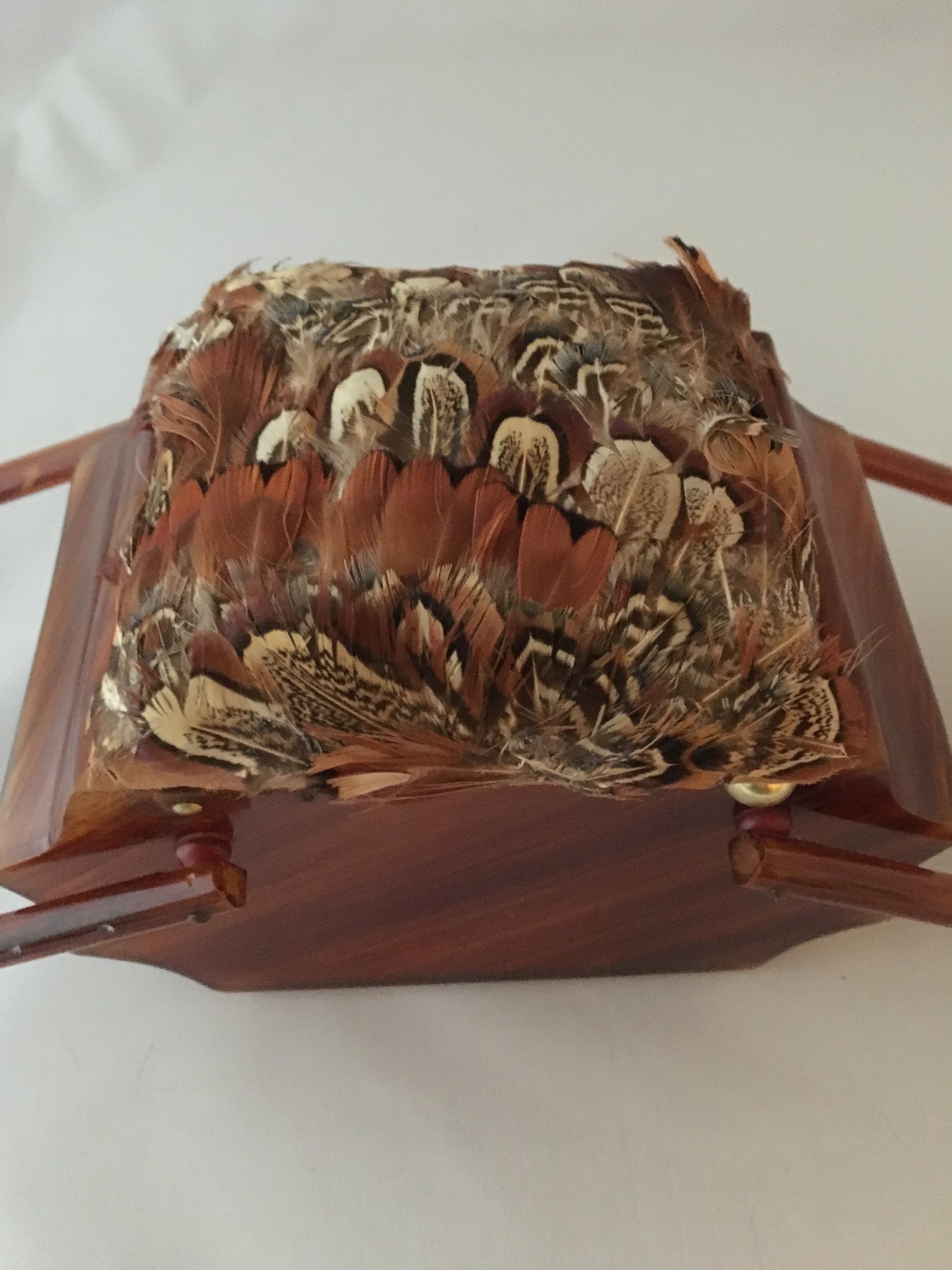 Real pheasant feathers and a hand carved German folk-art pheasant adorn this 1940s vintage Wilardy lucite purse. Its unusual shape makes it a true collector's item. No other in the world is its equal.   Dimensions - Height 8"; Width 8"; Depth 4.5"; Handle 6"