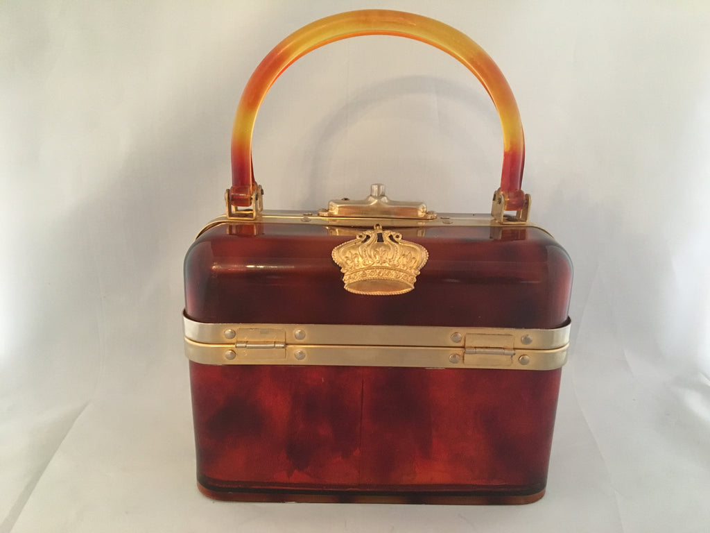 Lucite box shape vintage purse with beautiful original hardware and leather lining. French, circa 1940.  Dimensions - Height 8"; Length 6"; Width 4"