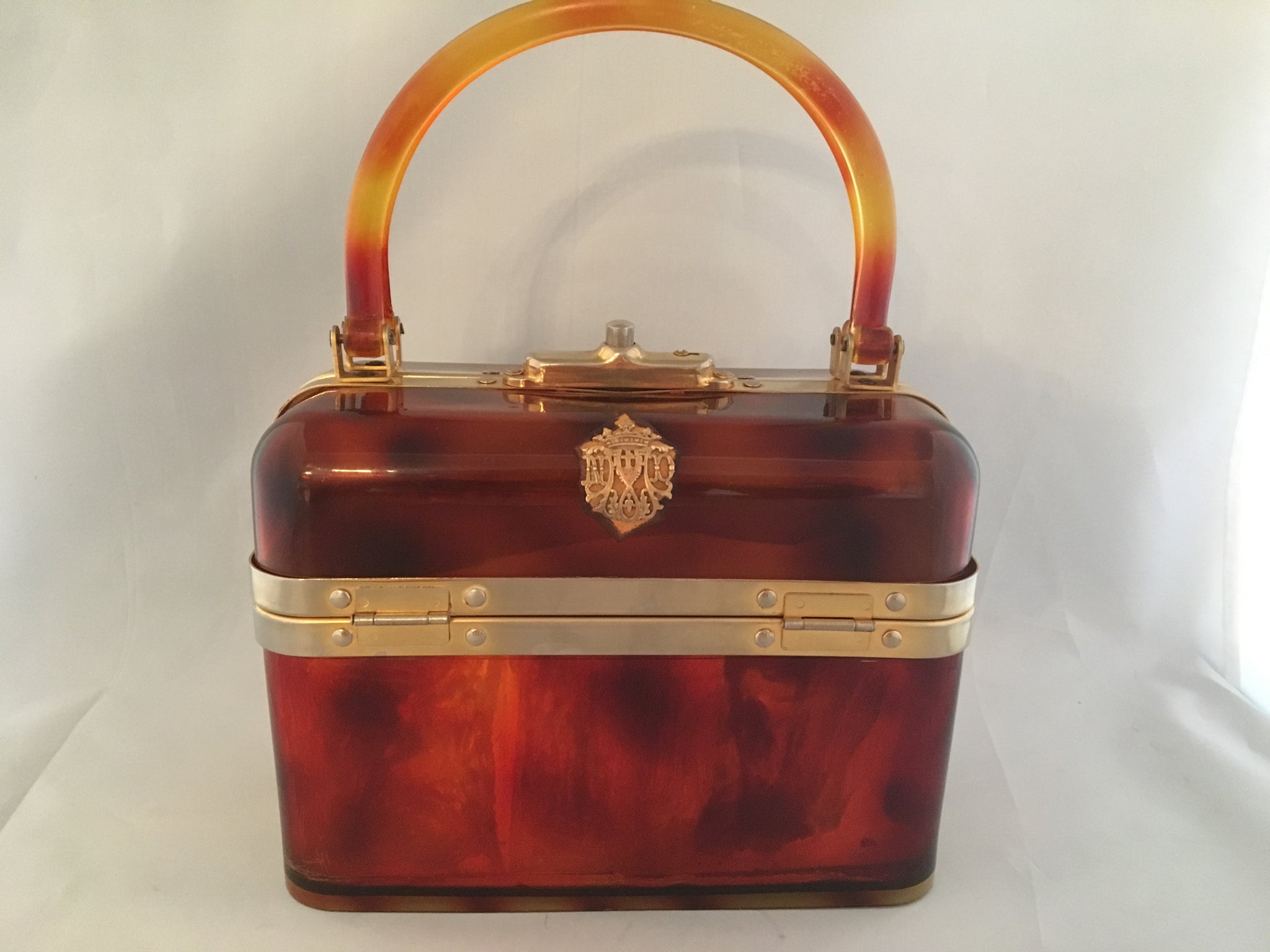 Lucite box shape vintage purse with beautiful original hardware and leather lining. French, circa 1940.  Dimensions - Height 8"; Length 6"; Width 4"