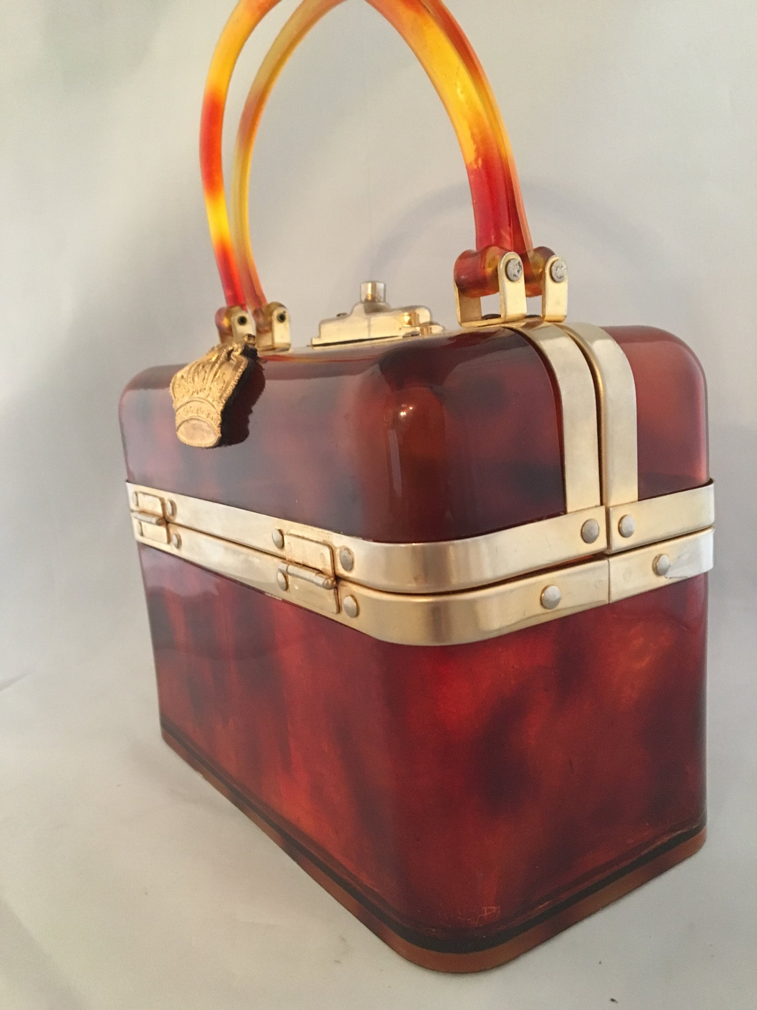 Lucite box shape vintage purse with beautiful original hardware and leather lining. French, circa 1940.  Dimensions - Height 8"; Length 6"; Width 4"