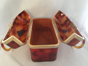 Lucite box shape vintage purse with beautiful original hardware and leather lining. French, circa 1940.  Dimensions - Height 8"; Length 6"; Width 4"